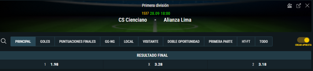 Cuota de Cienciano vs Alianza Lima.