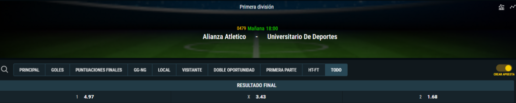 Alianza Atlético vs Universitario cuotas de Meridianbet.