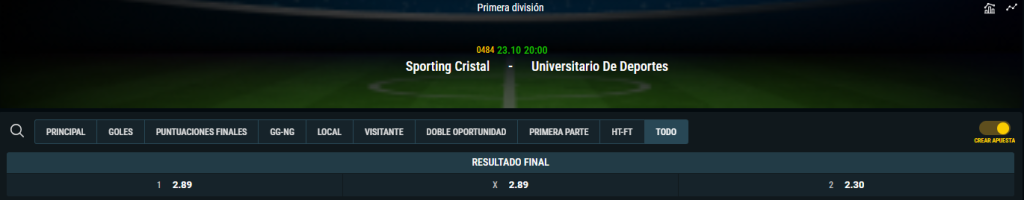 Cuotas Sporting Cristal vs Universitario por Liga 1 Perú en Meridianbet.