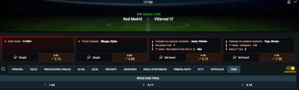 Cuota Real Madrid vs Villarreal por LaLiga.