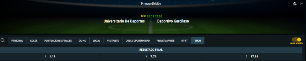 Universitario vs Deportivo Garcilaso cuotas de Meridianbet.