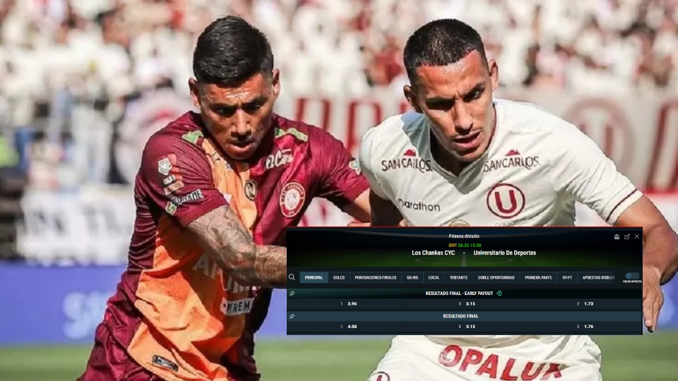 Imagen con las cuotas de Meridianbet para Los Chankas vs Univesitario del Apertura 2026.