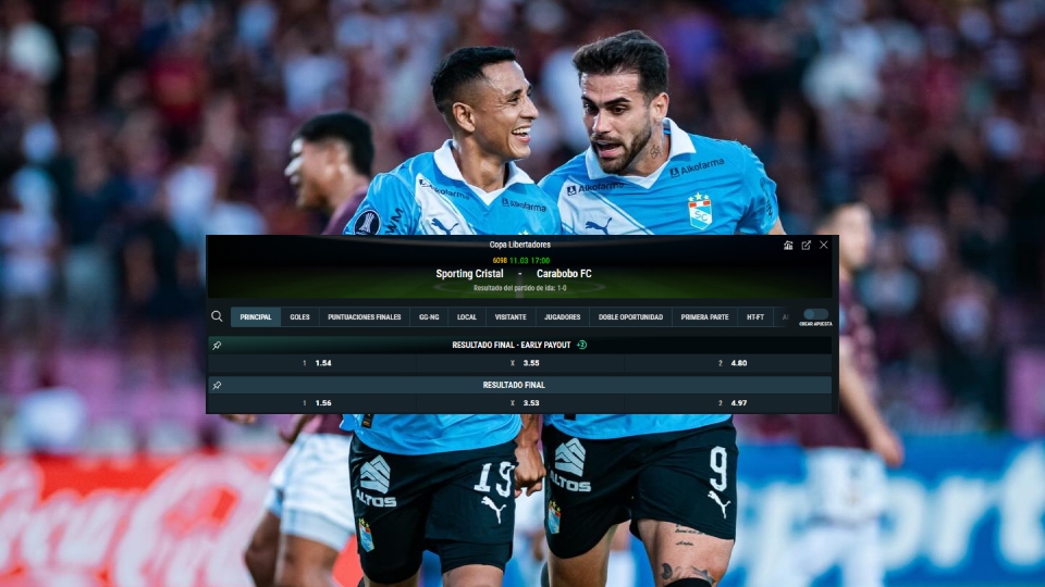 Imagen con las cuotas de Meridianbet para el duelo de vuelta entre Sporting Cristal vs Carabobo por la Fase 3 de Copa Libertadores 2026.