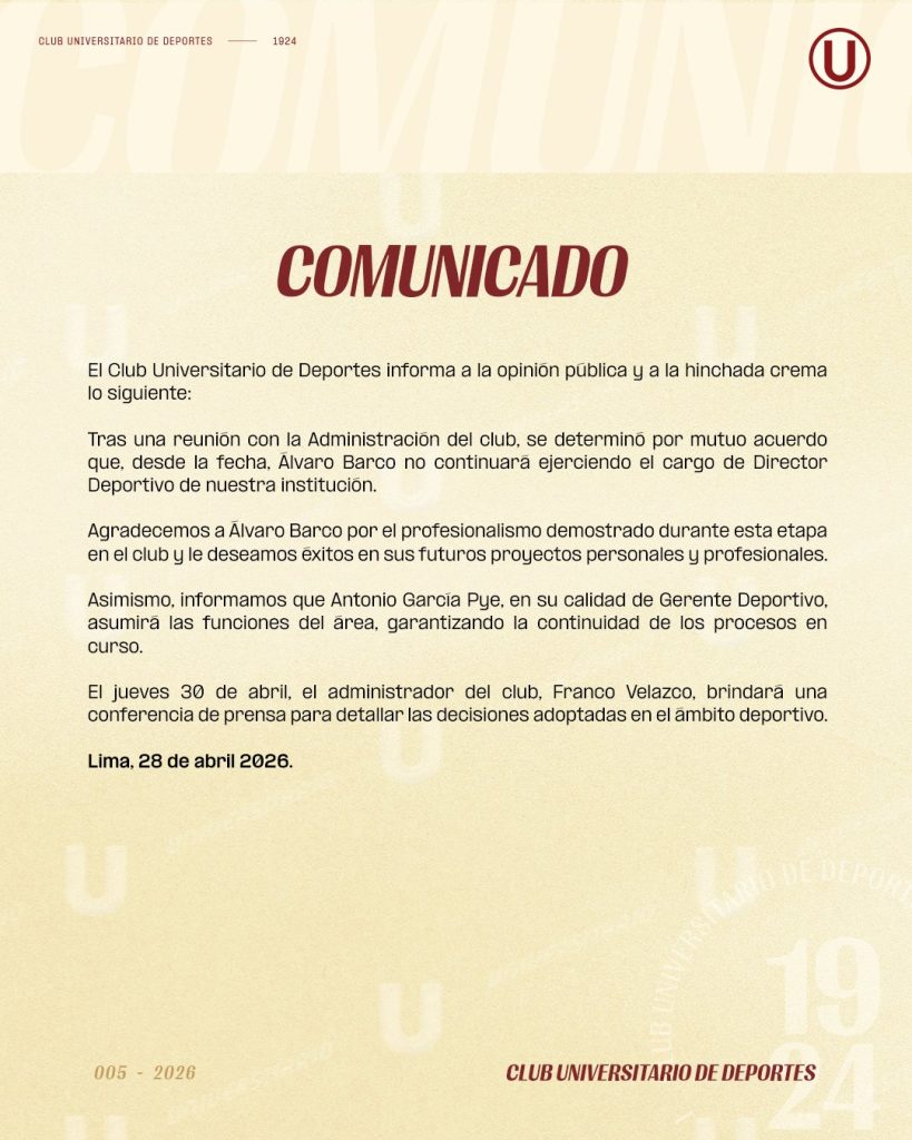 Álvaro Barco dejó de ser director deportivo de Universitario.